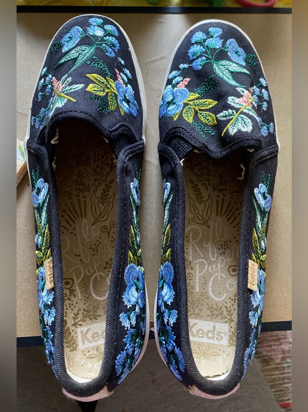 Black KEDS/Rifle Paper Slip On. Size 7 in EUC. Embroidered Florals blue, green - Picture 2 of 10